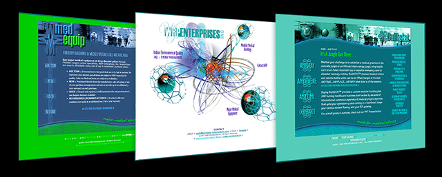 WRP Enterprises logos and web development for BuiltSTAT Modular Clinics, IAQ Engineering, and MedEquip Auctions